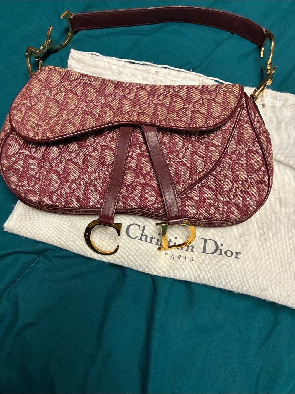 Dior Burgundy Pink Monogram Saddle Bag with Gold Hardware